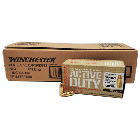 9mm - Winchester Active Duty 115 Grain FMJ 500rds. Case